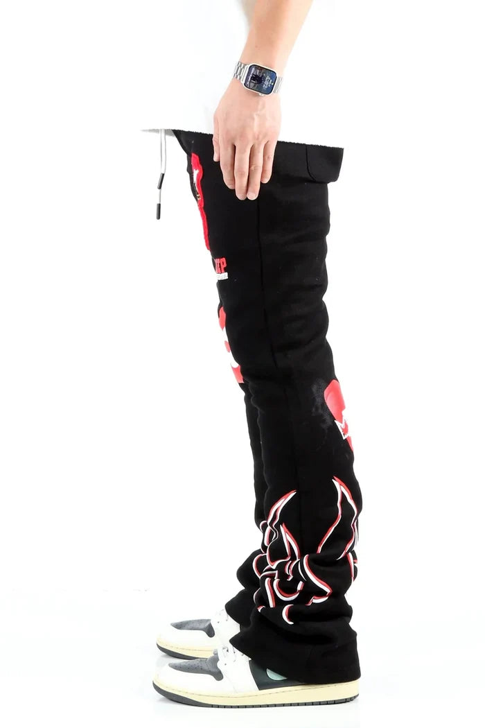 Black KLEEP Spider Heavyweight Brushed Graphic Stacked Jogger pants with bold spider graphic, comfortable relaxed fit, and tapered design.