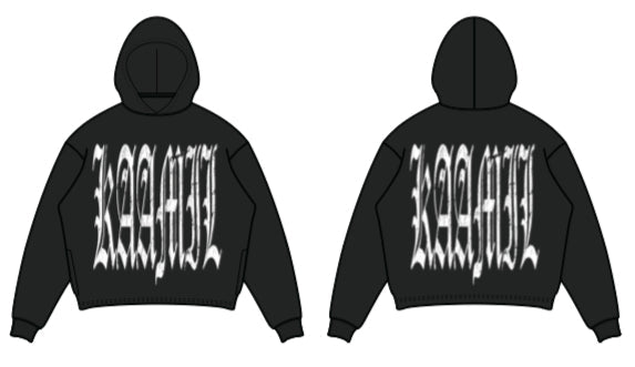 Black KML Damaged Goods cropped hoodie with distressed design, casual fit, and soft fabric, perfect for streetwear style.