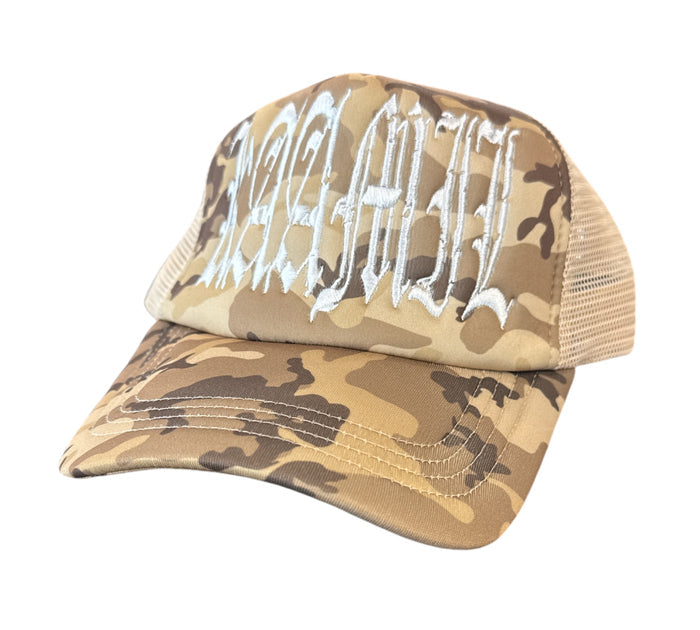 KAAMIL Damaged Goods sand camo trucker hat with mesh back and curved brim, casual military-inspired headwear.