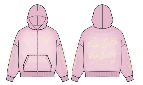KML F.E.F.E Boxy Zip-Up Hoodie in washed pink, casual hoodie with front zipper and relaxed fit, displayed on a hanger.