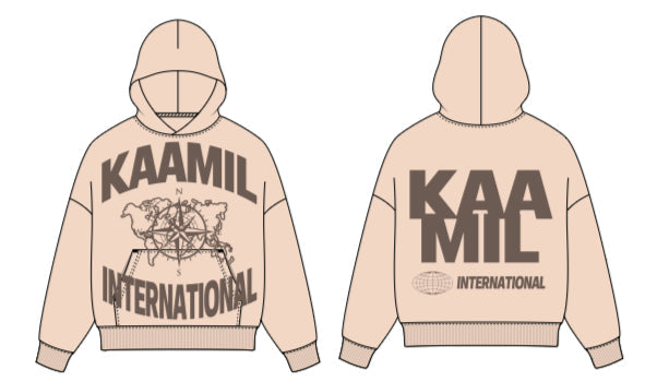 KML INTERNATIONAL boxy pullover hoodie in cream and brown, featuring a relaxed fit and cozy fabric, front view.
