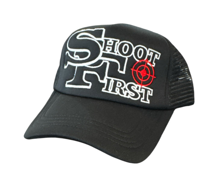 Black KML SF Trucker Hat by KAAMIL featuring mesh back and adjustable snap closure, casual streetwear style.