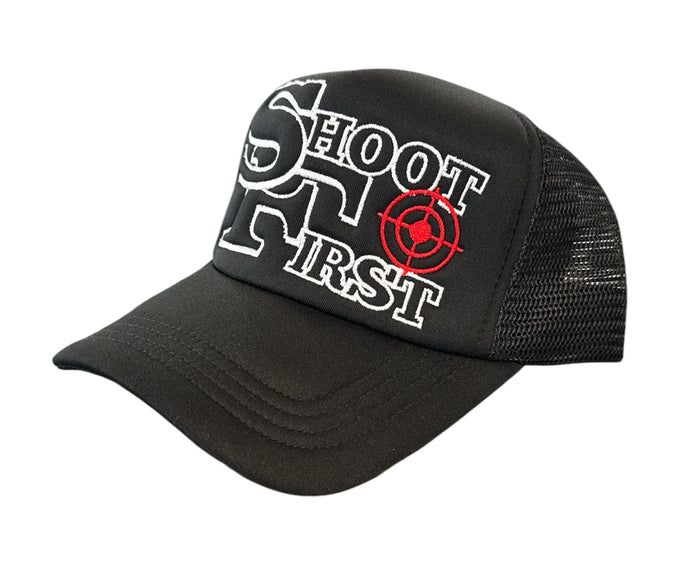 Black KML SF Trucker Hat by KAAMIL with mesh back and adjustable snap closure, stylish headwear for casual wear