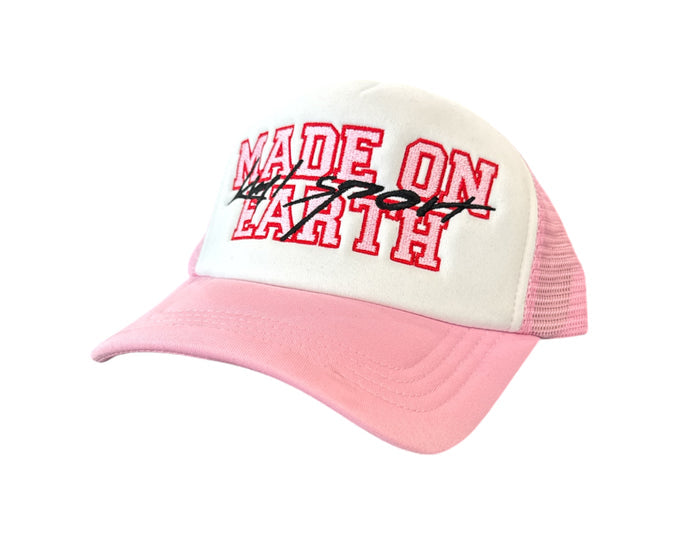 KAAMIL SPORT trucker hat in white and pink with mesh back, stylish and breathable hat for casual wear.