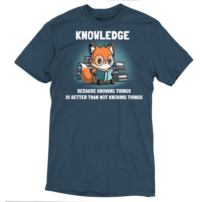 Premium Cotton T-shirt _TeeTurtle Knowing Things Denim Blue t-shirt featuring a fox wearing glasses, reading a book, with stacks of books behind it.