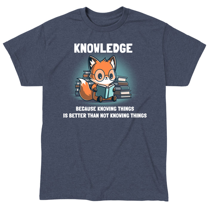 Classic Cotton T-shirt _TeeTurtle Knowing Things Heather Navy Blue t-shirt featuring a fox wearing glasses, reading a book, with stacks of books behind it.