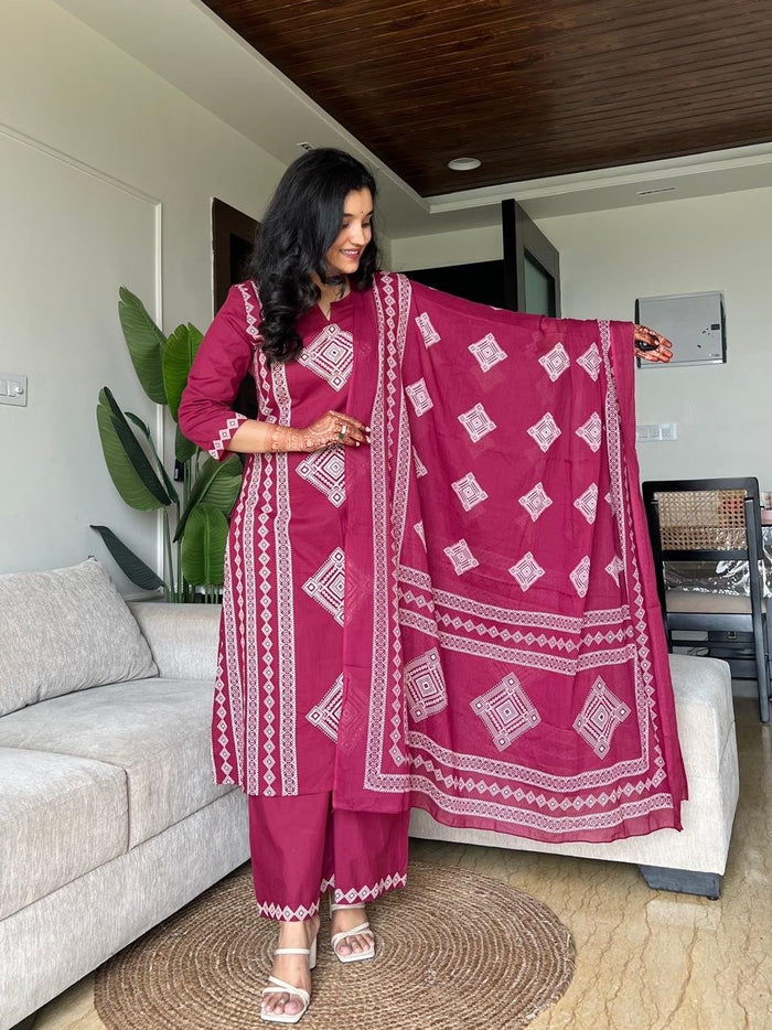 Kosha Premium Cotton Suit- Dark Pink