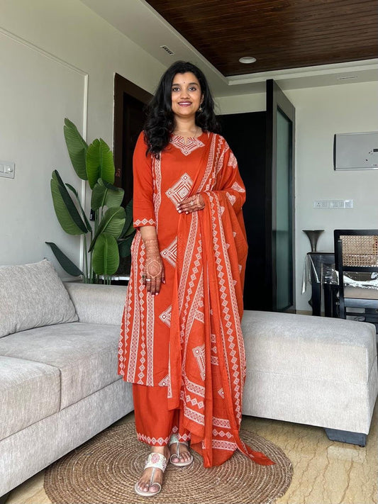 Kosha Premium Cotton Suit- Orange