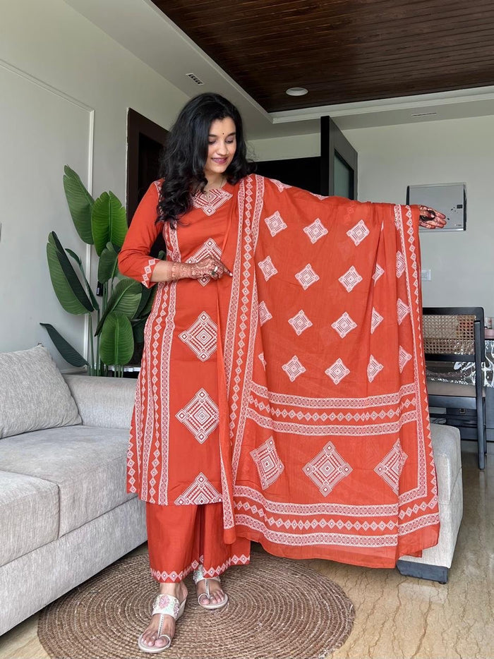Kosha Premium Cotton Suit- Orange