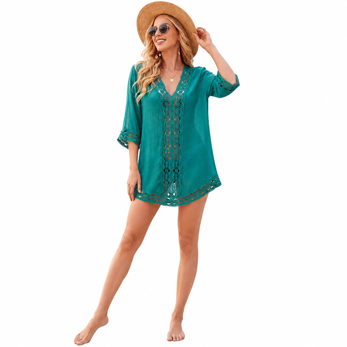 Resort cover up dress shown from front with relaxed beach silhouette