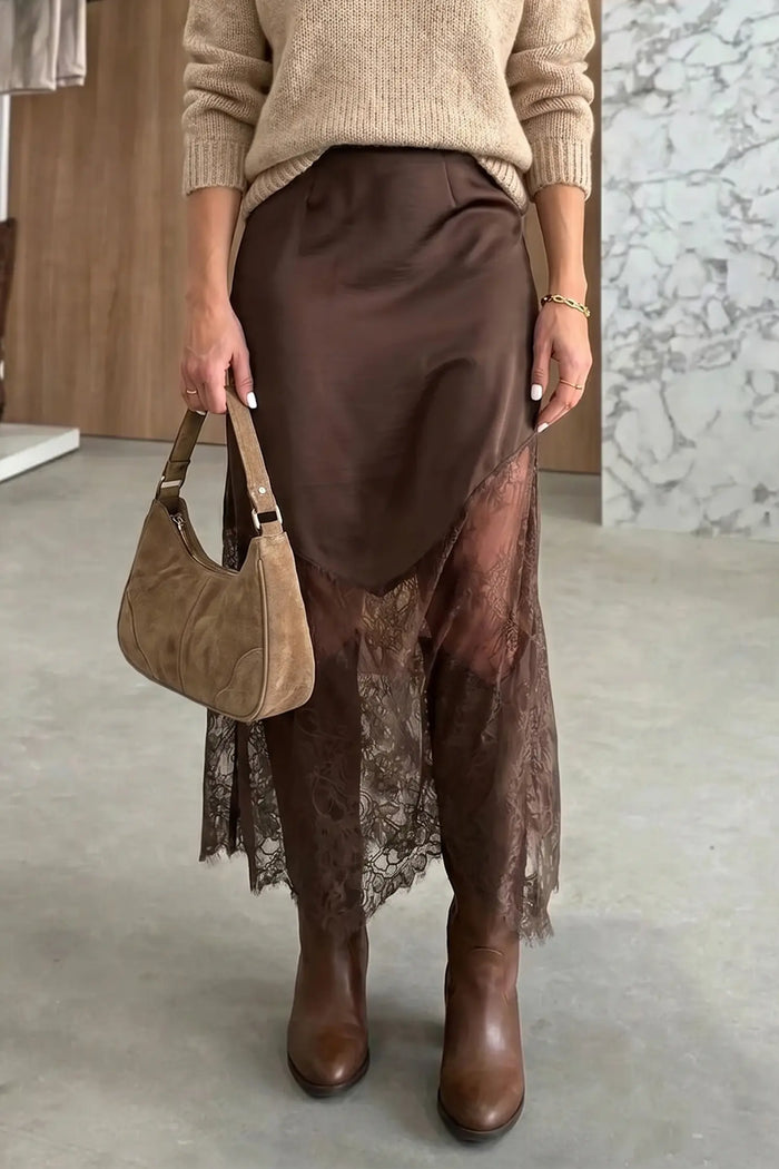 Lace Patchwork Hem Long Casual Shift Skirt – Dark Brown