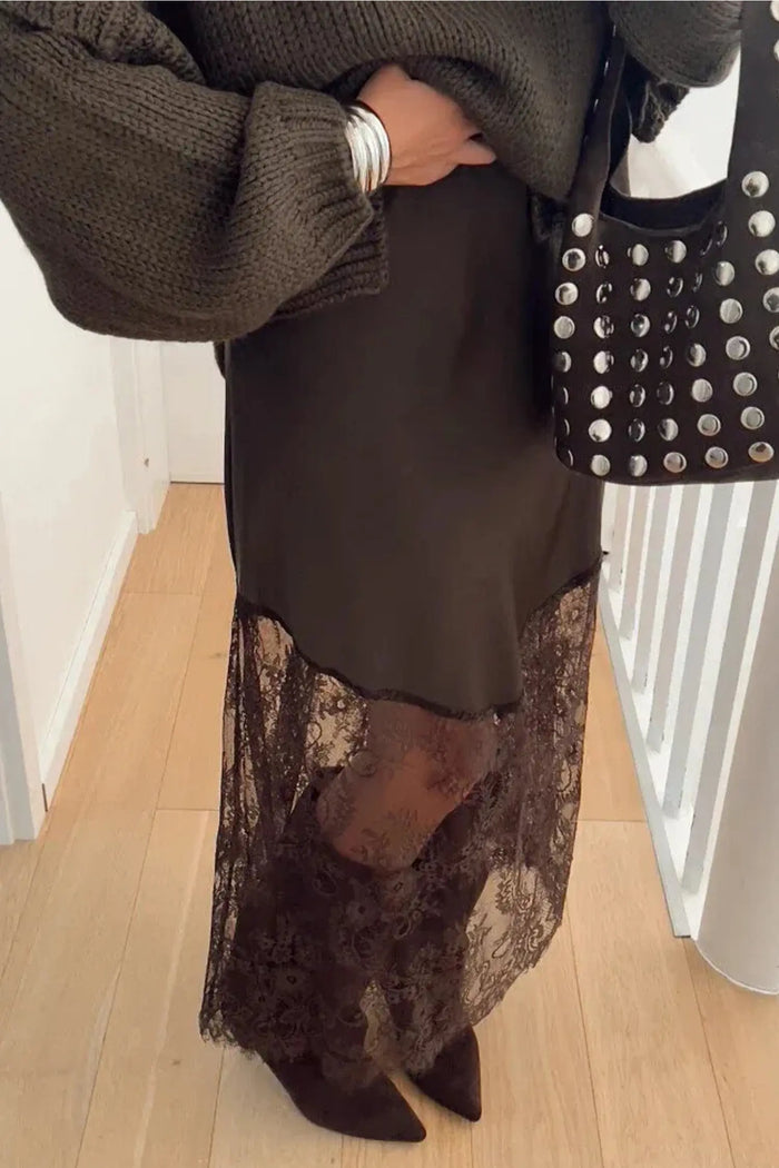 Lace Patchwork Hem Long Casual Shift Skirt – Dark Brown