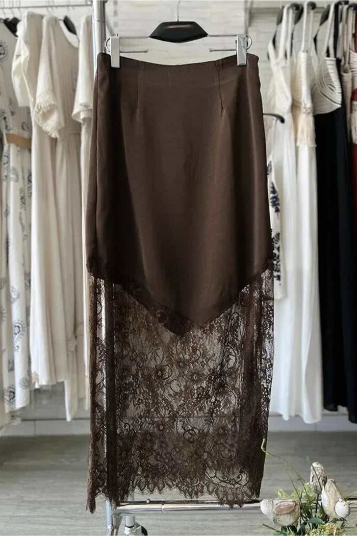 Lace Patchwork Hem Long Casual Shift Skirt – Dark Brown