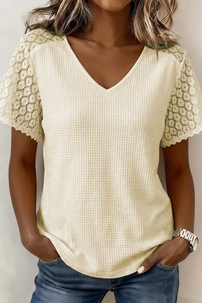 Lace Splicing Button Cutout V Neck Waffle Knit Blouse – Beige