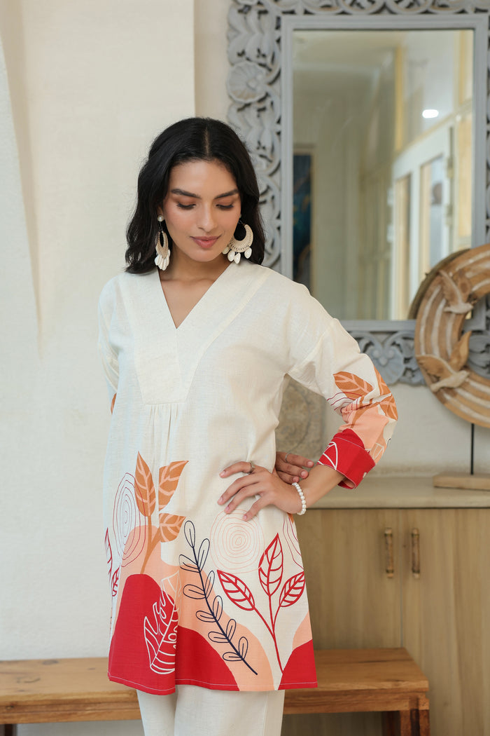 Leafs Printed Off-White Cotton Flex Co-ord Set