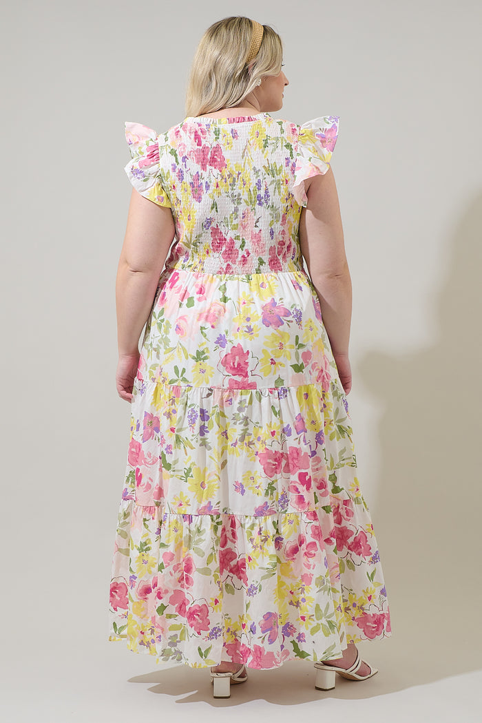 Leonie Floral Sunfire Tiered Midi Dress Curve