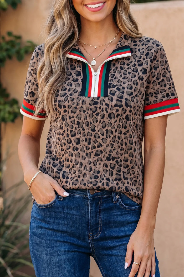 Leopard Jacquard Striped Patchwork Half Zip Short Sleeve Blouse – Brown