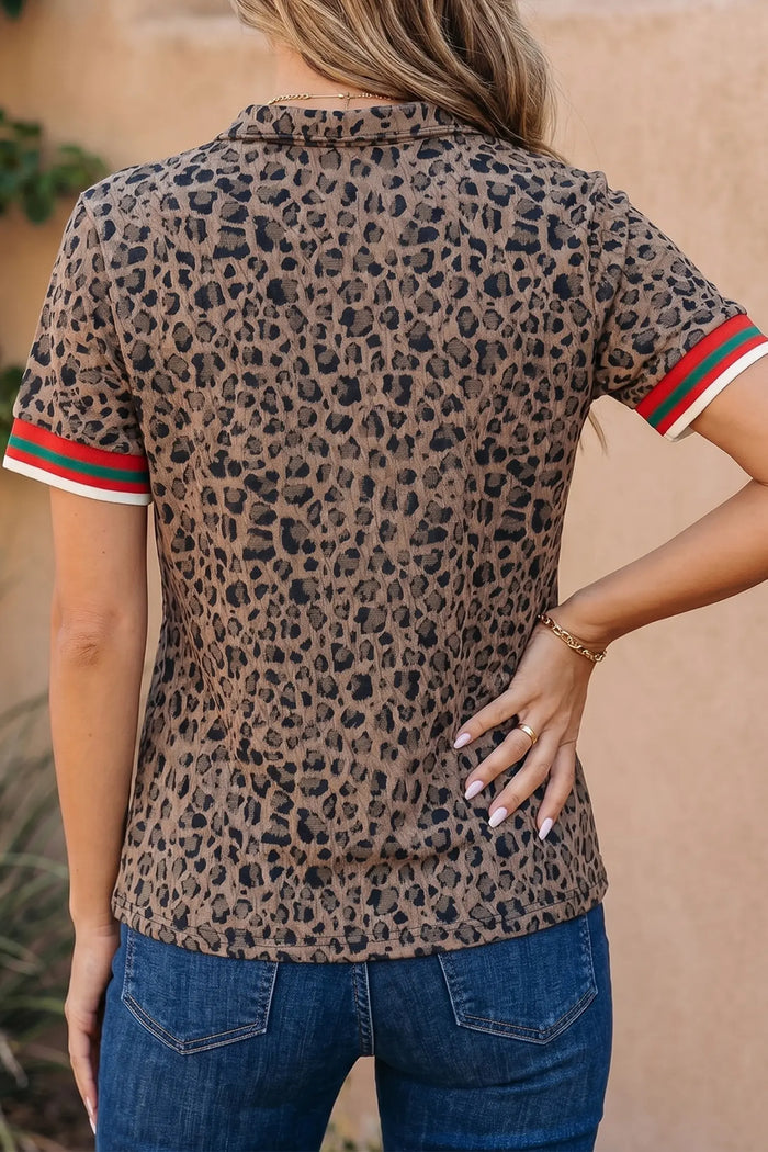 Leopard Jacquard Striped Patchwork Half Zip Short Sleeve Blouse – Brown