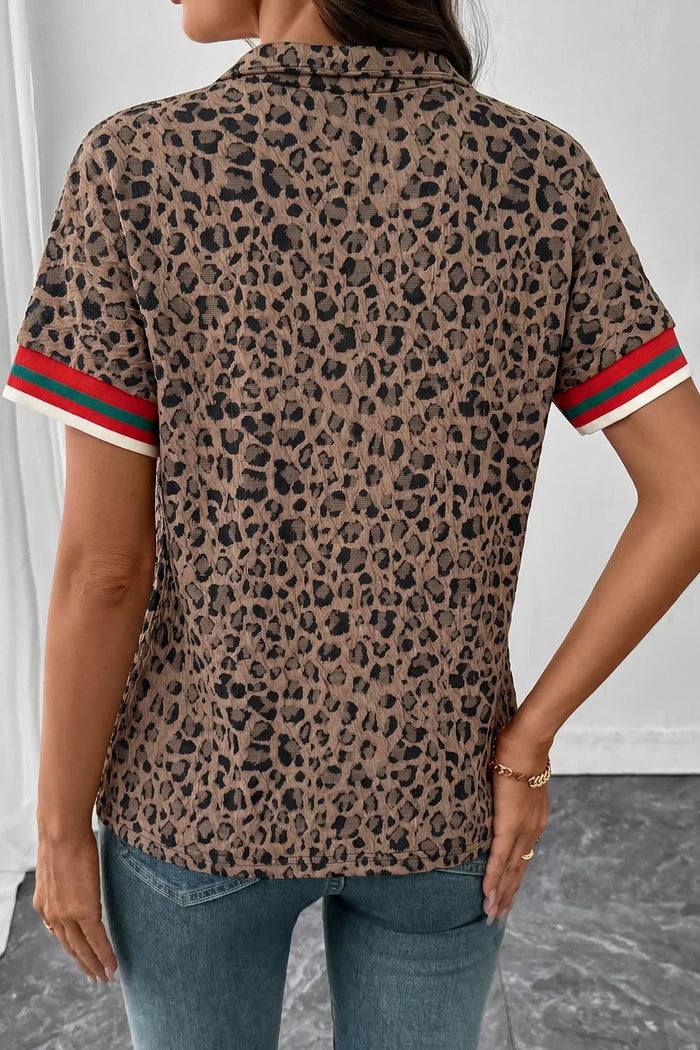 Leopard Jacquard Striped Patchwork Half Zip Short Sleeve Blouse – Brown