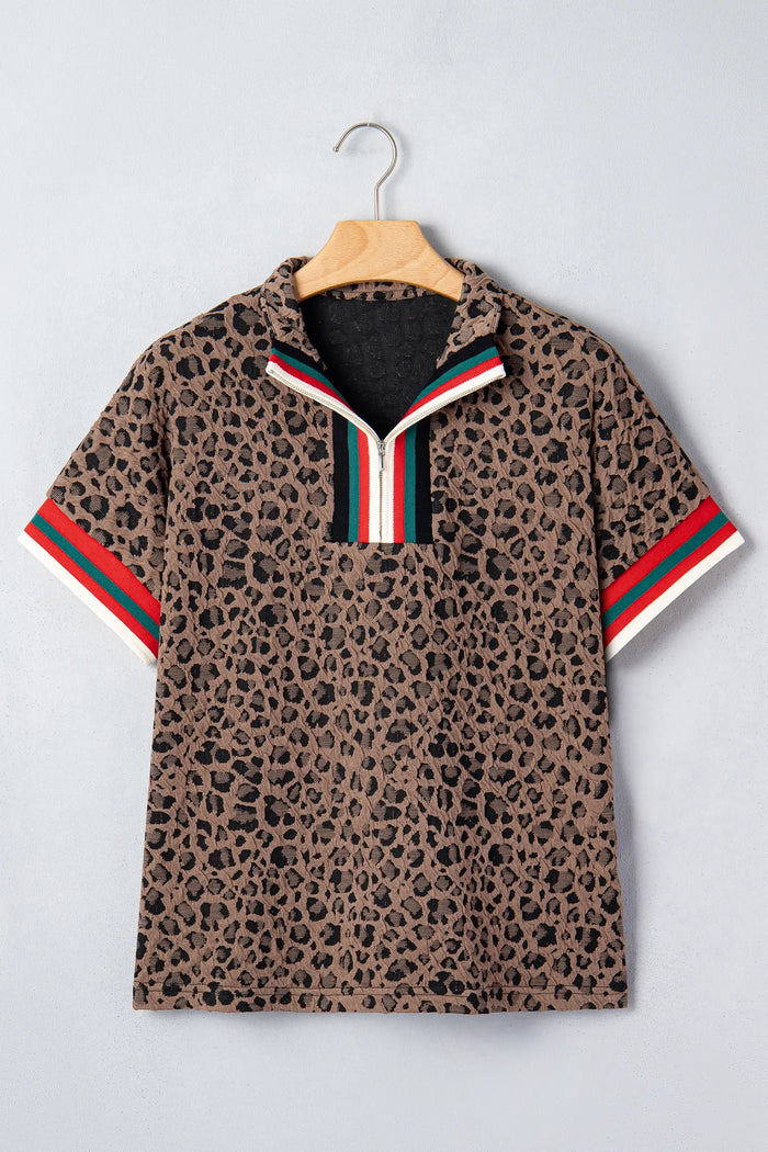 Leopard Jacquard Striped Patchwork Half Zip Short Sleeve Blouse – Brown