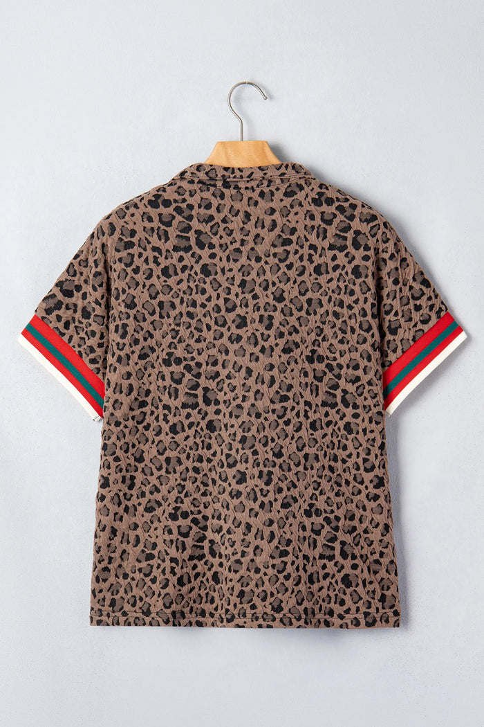Leopard Jacquard Striped Patchwork Half Zip Short Sleeve Blouse – Brown