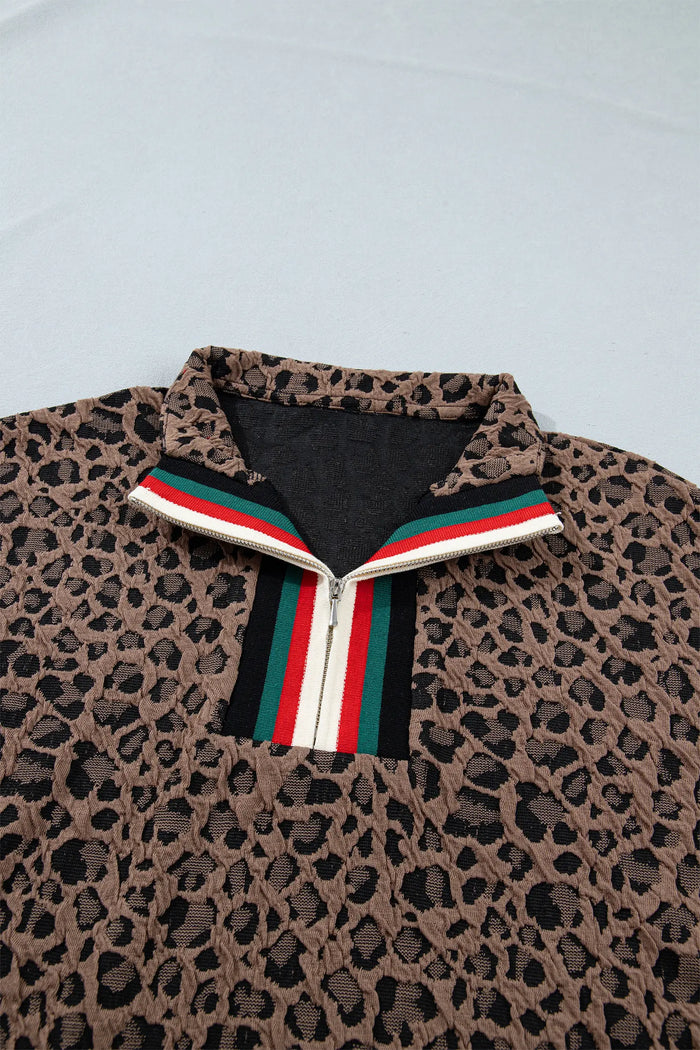 Leopard Jacquard Striped Patchwork Half Zip Short Sleeve Blouse – Brown