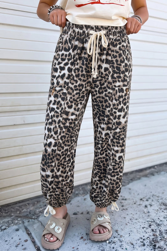 Leopard Print Drawstring Jogger Jeans – Black