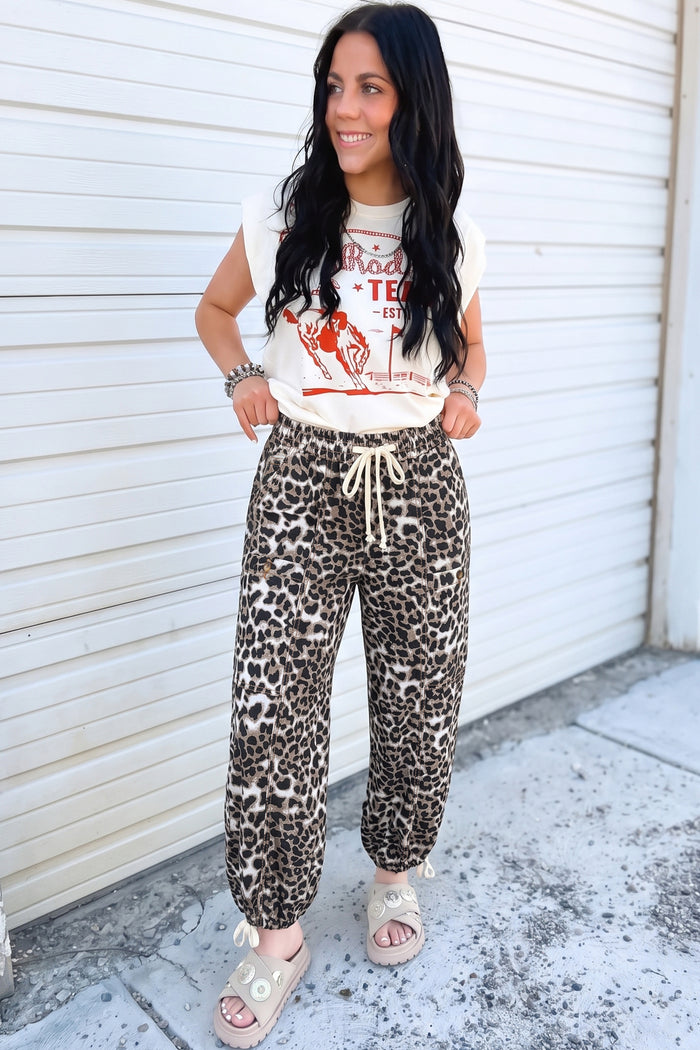Leopard Print Drawstring Jogger Jeans – Black