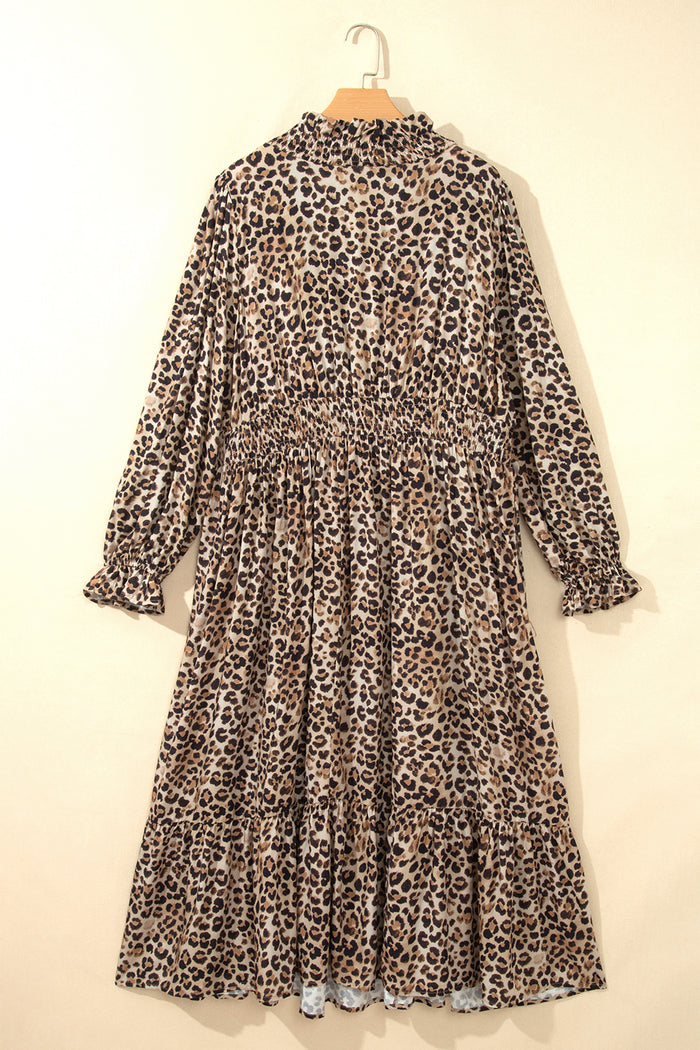 Leopard Print V Neck Long Sleeve Gathered Waist Plus Size Dress – Brown