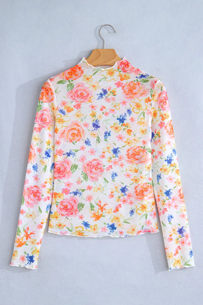 Lettuce Trim Floral Print Sheer Mesh Long Sleeve Top – White