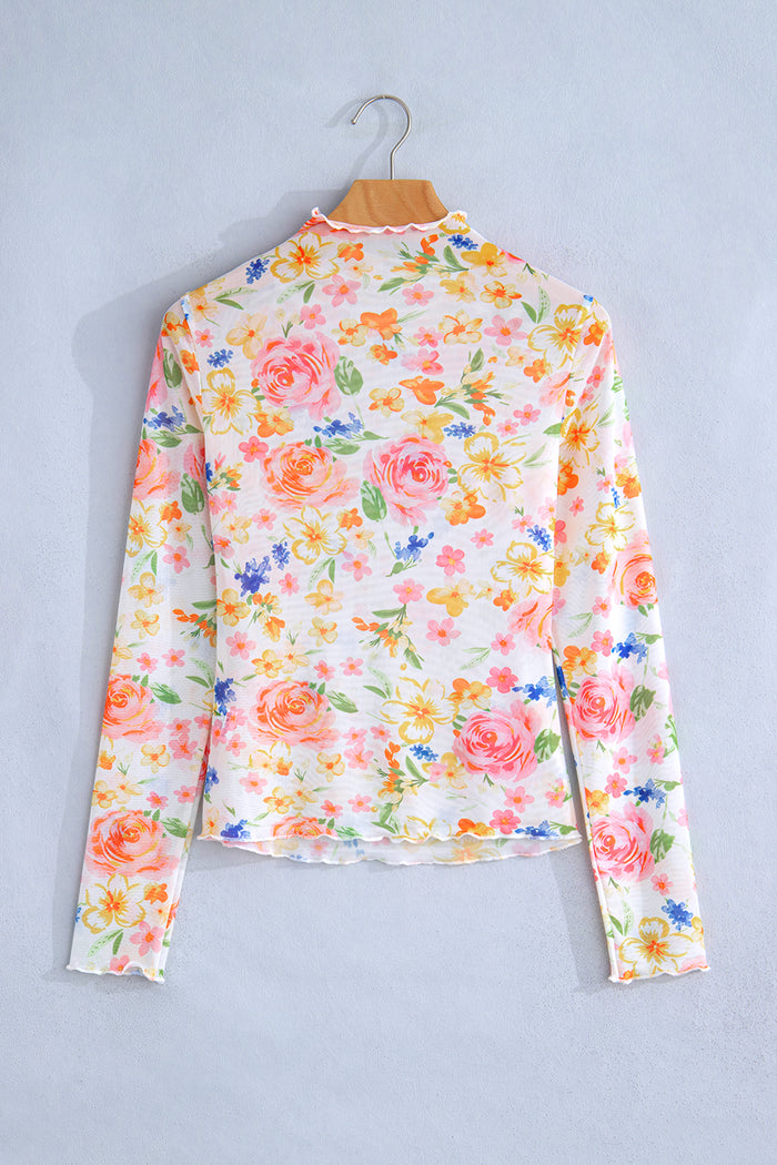 Lettuce Trim Floral Print Sheer Mesh Long Sleeve Top – White