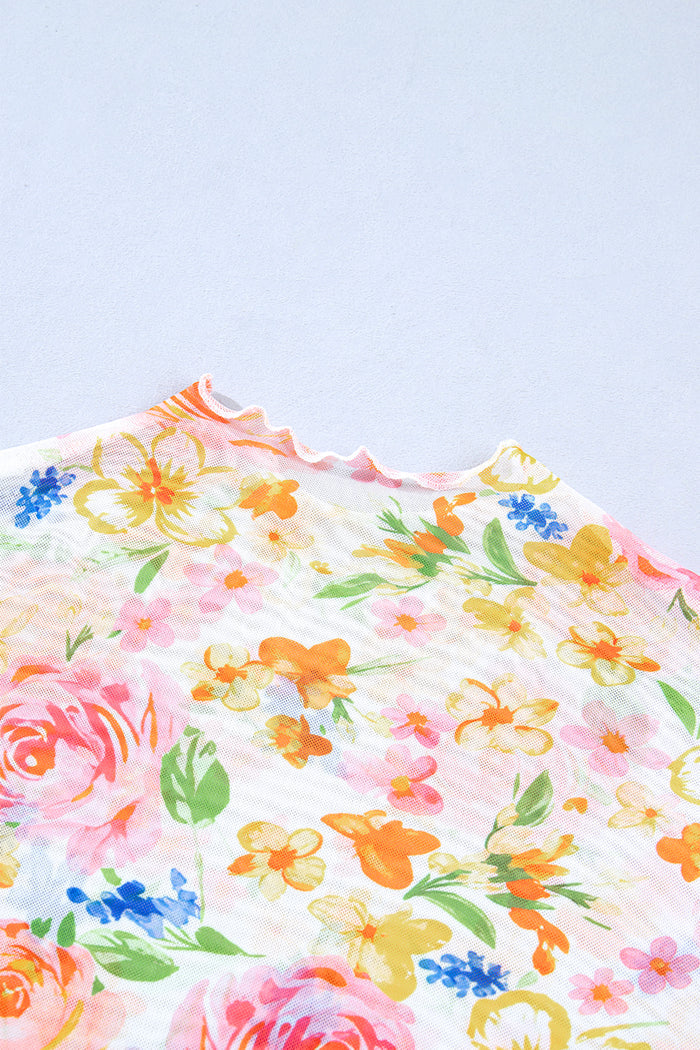 Lettuce Trim Floral Print Sheer Mesh Long Sleeve Top – White