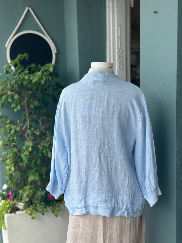 Back view of a light blue linen jacket with a relaxed silhouette, ribbed collar and cuffs, and a slightly cropped hem. Styled over a neutral linen dress.