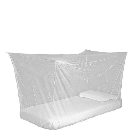 A white Lifesystems Boxnet single mosquito net set up over a single bed, showcasing its spacious design, on a white background