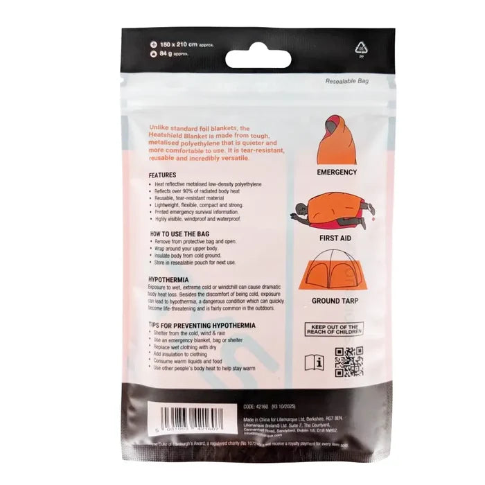 Packaging back view for a Lifesystems heatshield thermal blanket showing product features, instructions, and illustrations of emergency uses on a white background.