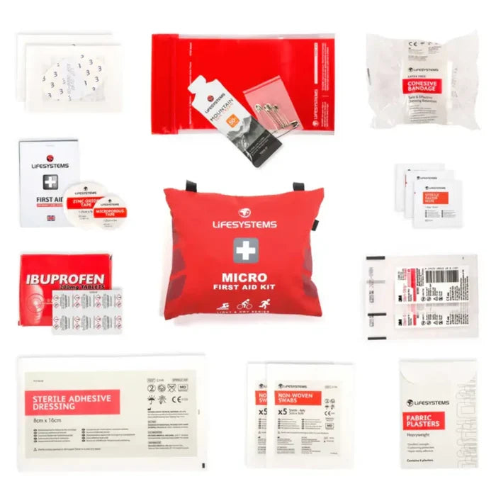 Lifesystems Light And Dry Micro First Aid Kit laid out flat  on a white background