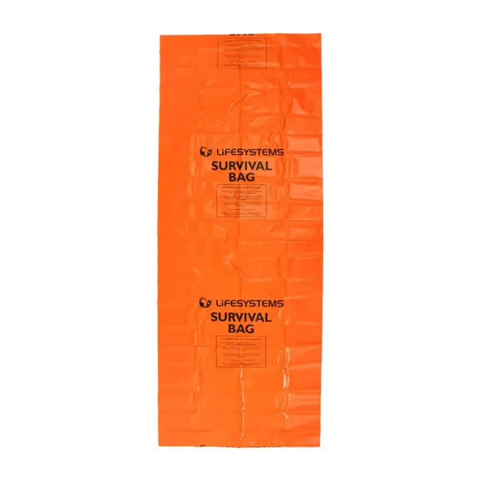 An opened out orange Lifesystems plastic survival bag with black printed text reading 'LIFESYSTEMS SURVIVAL BAG' on a plain white background.