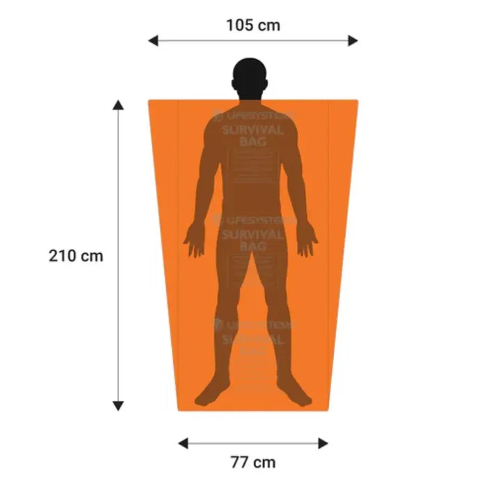 Lifesystems Plastic Survival Bag drawing showing the dimensions in comparison to the wearer