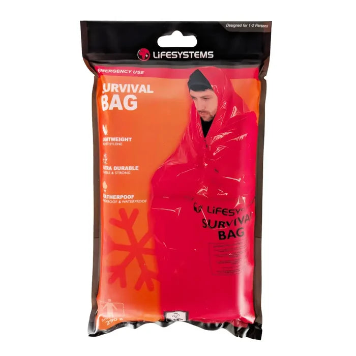 Lifesystems Plastic Survival Bag shown in its packaging from the front on a white background