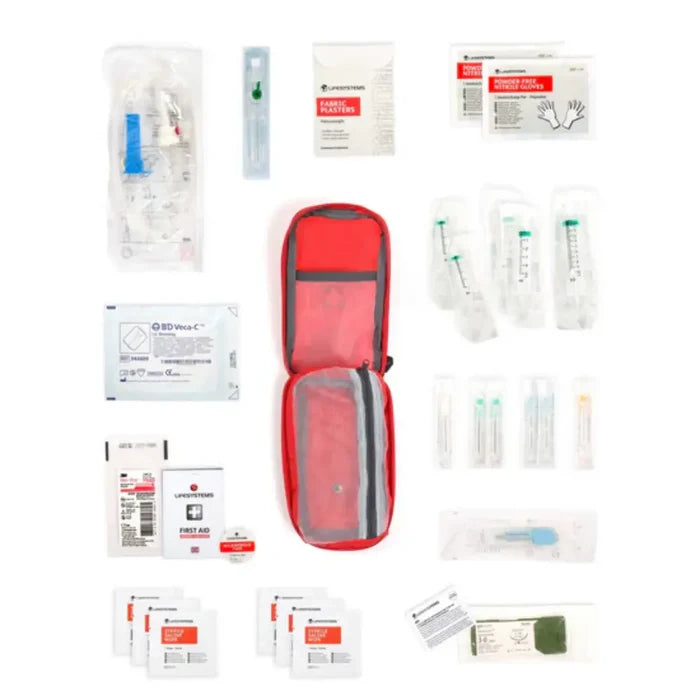 Contents of Lifesystems Sterile Pro First Aid Kit laid out flat on a a white background
