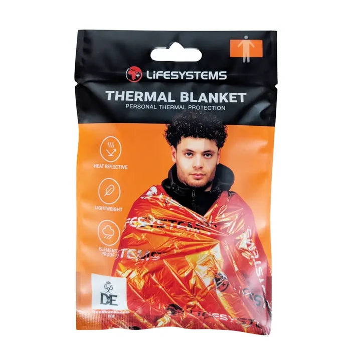 Lifesystems Thermal Blanket personal thermal protection packaging, featuring a reflective orange and red blanket design on the front of the black and orange retail pouch.