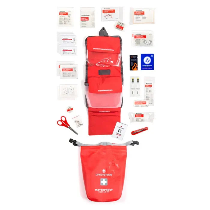 Lifesystems Waterproof First Aid Kit contents shown on a white background