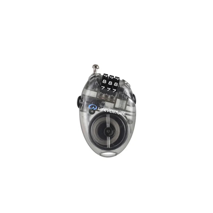 Lifeventure 3 Dial Combination Mini Cable Lock front detail with the cable retracted on a white background
