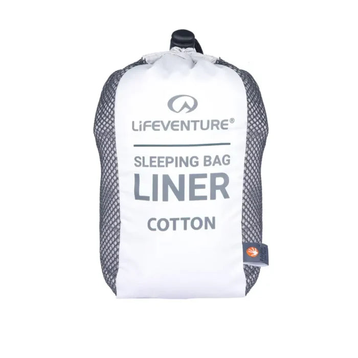 Lifeventure Cotton Sleeping Bag Liner Mummy stuff sack on a white background