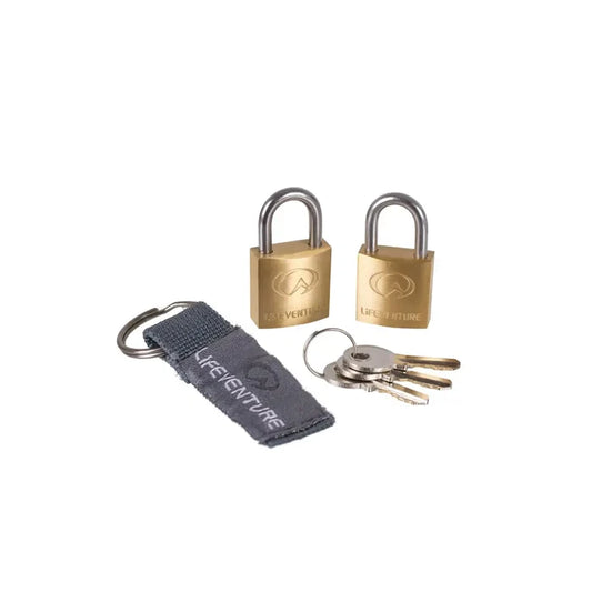 Two brass Lifeventure mini padlocks with keys and a strap on a white background
