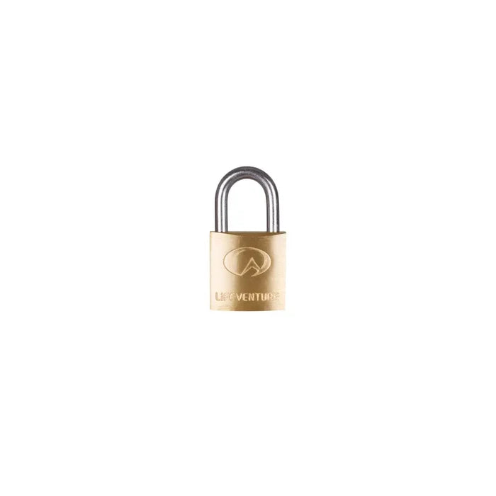 Front view of a Lifeventure brass mini padlock on a white background