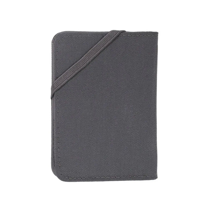 reverse detail of a Lifeventure RFiD card wallet in grey colour showing the elasticated safety closure