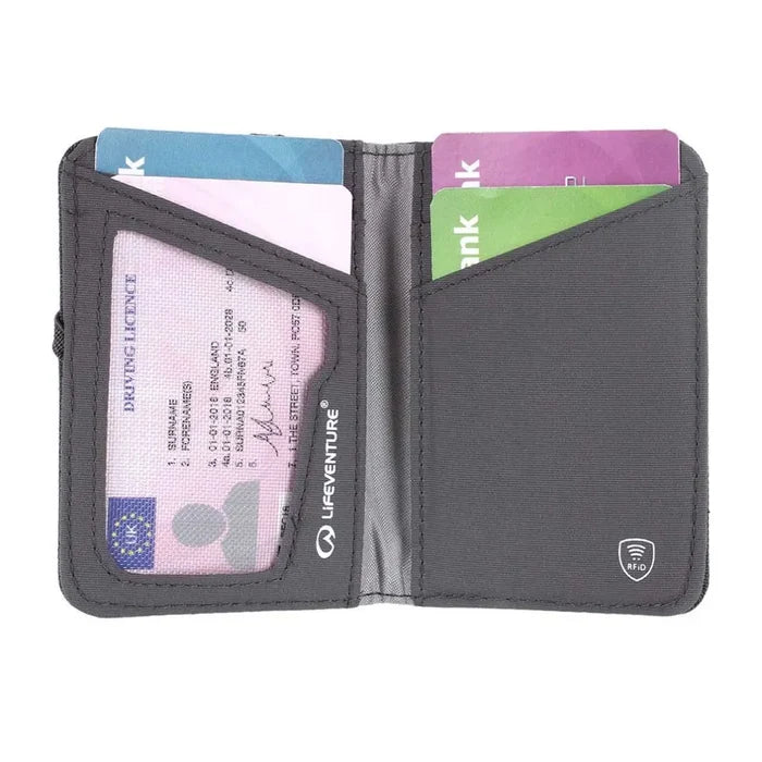 Lifeventure RFiD card wallet in grey  colour opened out to show bank cards in situ
