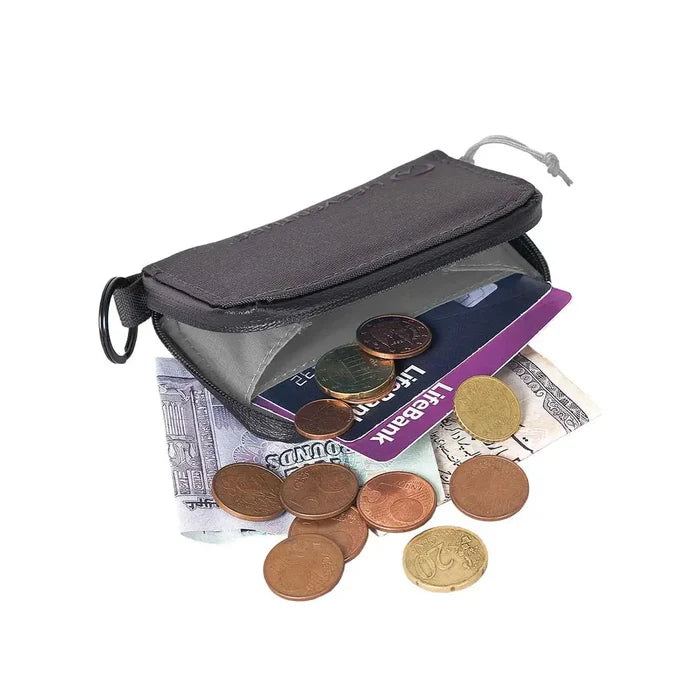 Lifeventure coin wallet in grey colour showing the range of money and cards that can be carried.