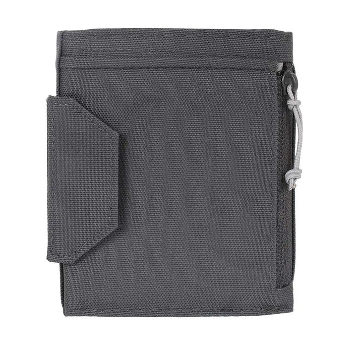 Reverse detail of a Lifeventure Tri-Fold RFiD Wallet in grey colour showing one of the zipped coin pockets and Velcro closure strap